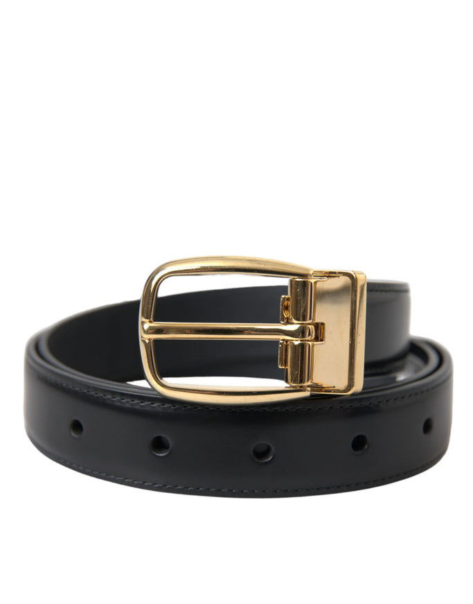 a black leather belt with a gold buckle