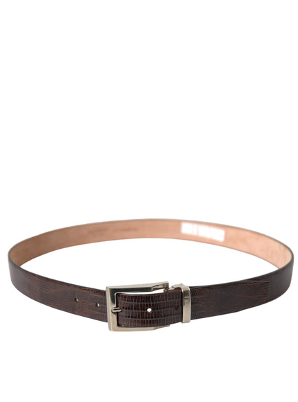 a brown belt with a silver buckle on a white background