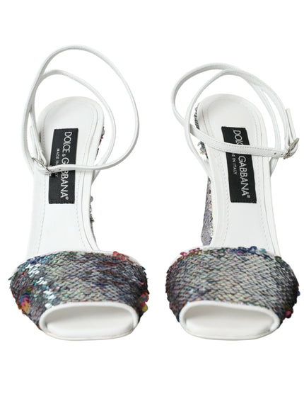 Front view of Dolce & Gabbana white silver sequin sandals