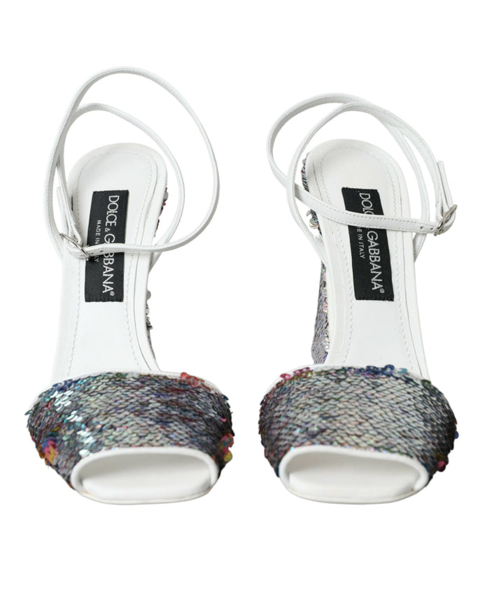 Front view of Dolce & Gabbana white silver sequin sandals