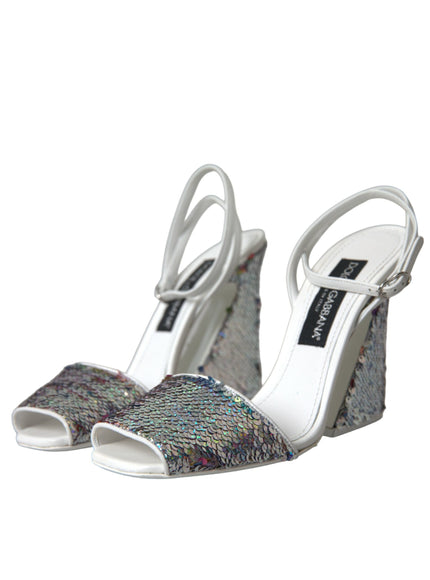 Pair of Dolce & Gabbana white silver sequin sandals angled view