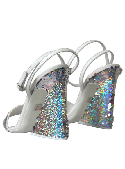 Back view of Dolce & Gabbana white silver sequin sandals