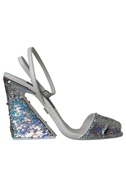 Dolce & Gabbana white silver sequin ankle strap sandal side view