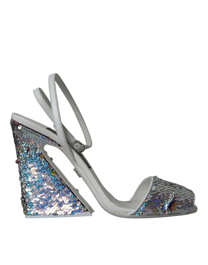 Dolce & Gabbana white silver sequin ankle strap sandal side view