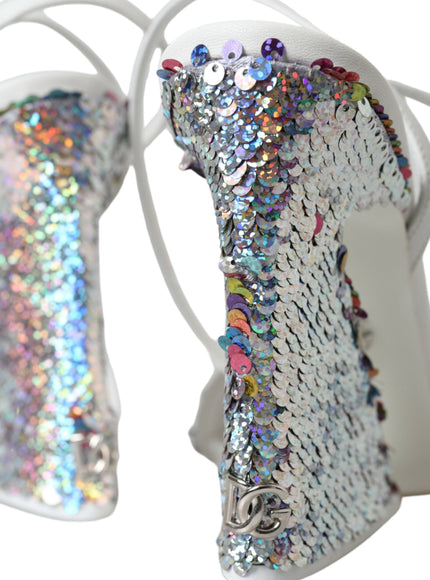 Close-up of sequins on Dolce & Gabbana white silver sandals