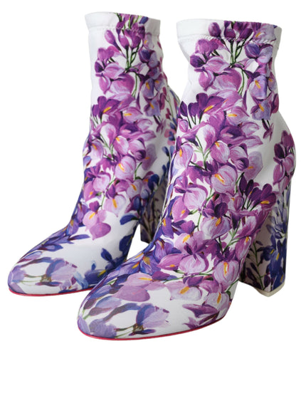 a pair of purple and white floral boots