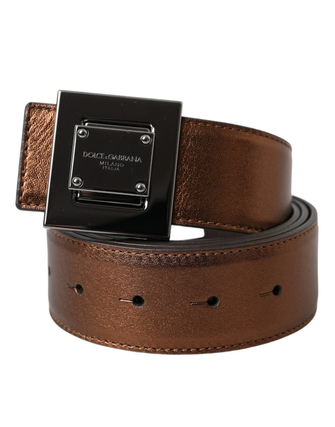 a brown leather belt with a square buckle