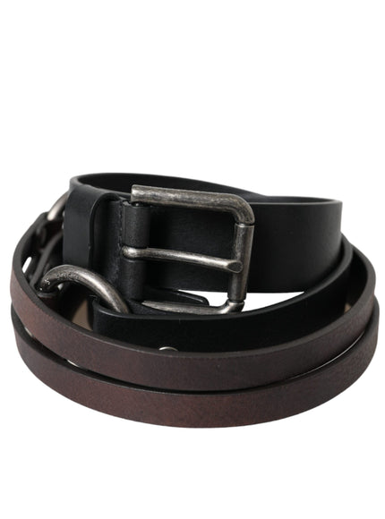 a black leather belt with a metal buckle