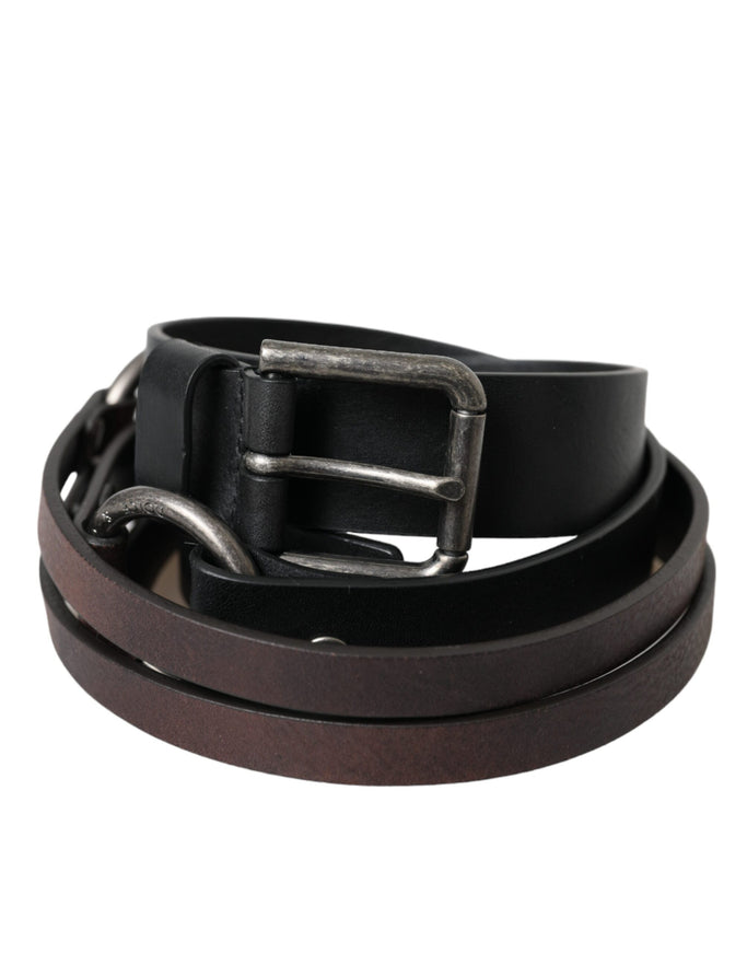 a black leather belt with a metal buckle