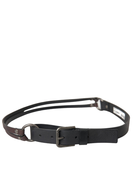 a black leather belt with a metal buckle