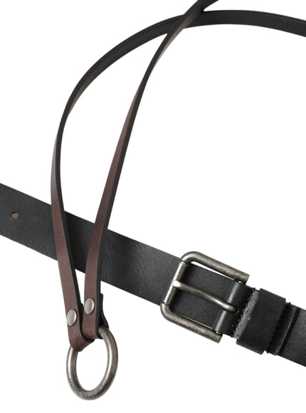 a black leather belt with a metal buckle