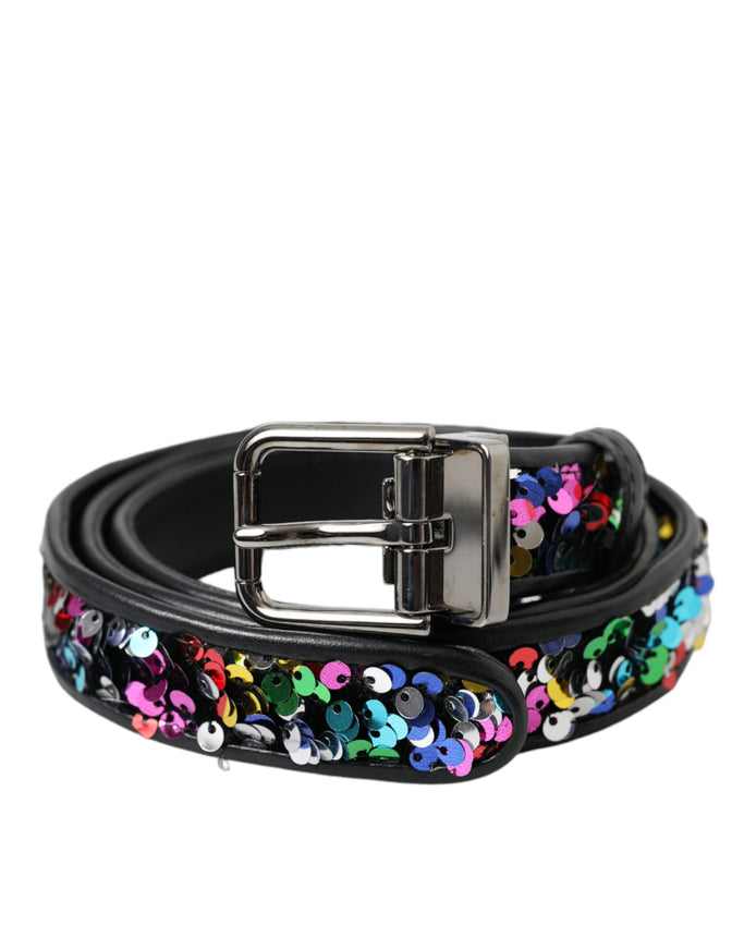 a black belt with colorful flowers on it