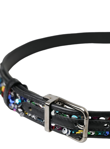 a black leather belt with multicolored sequins