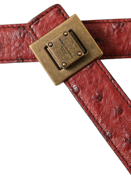 a red leather belt with a brass buckle