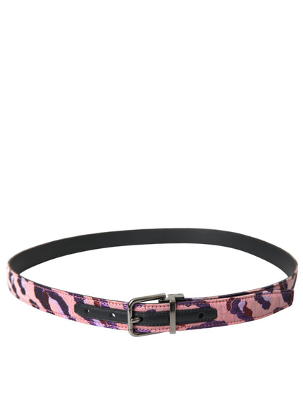 a pink and black leopard print belt with a metal buckle