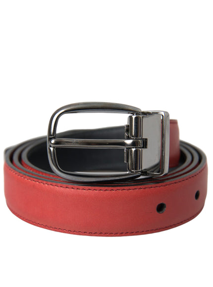 a red leather belt with a metal buckle