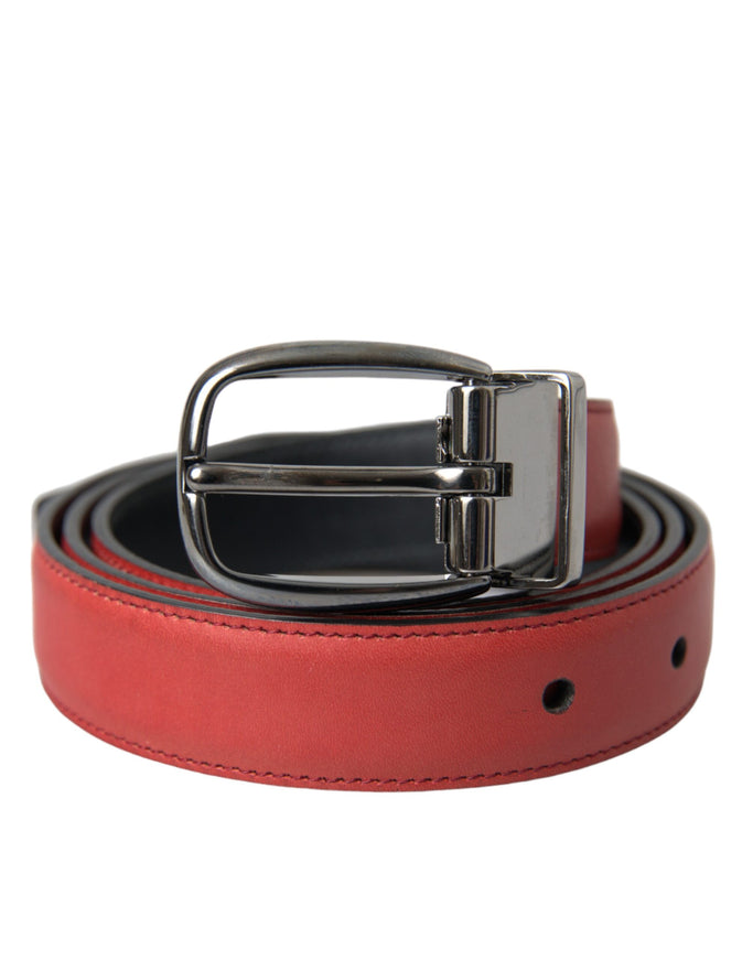 a red leather belt with a metal buckle