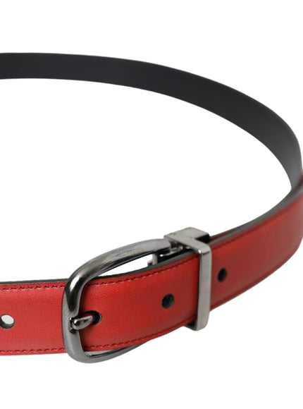 a red leather belt with a metal buckle