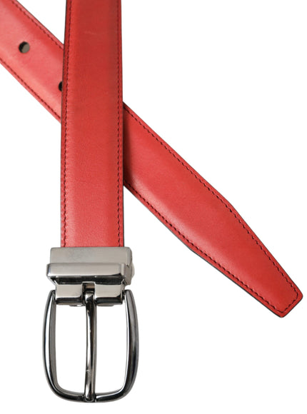 a red leather belt with a metal buckle