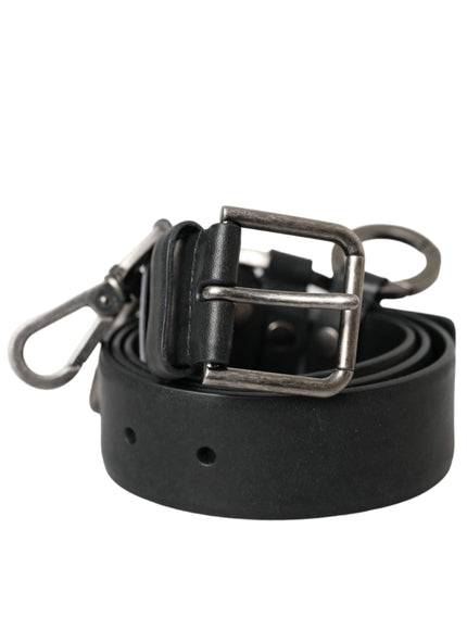 a black leather belt with a metal buckle