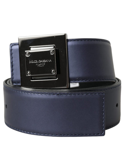 a blue leather belt with a metal buckle