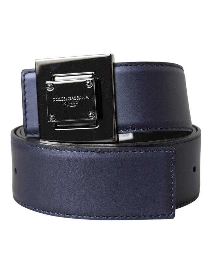 a blue leather belt with a metal buckle