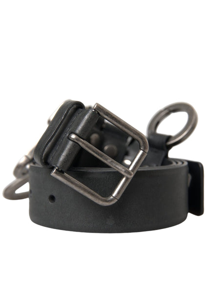 a black leather belt with a metal buckle