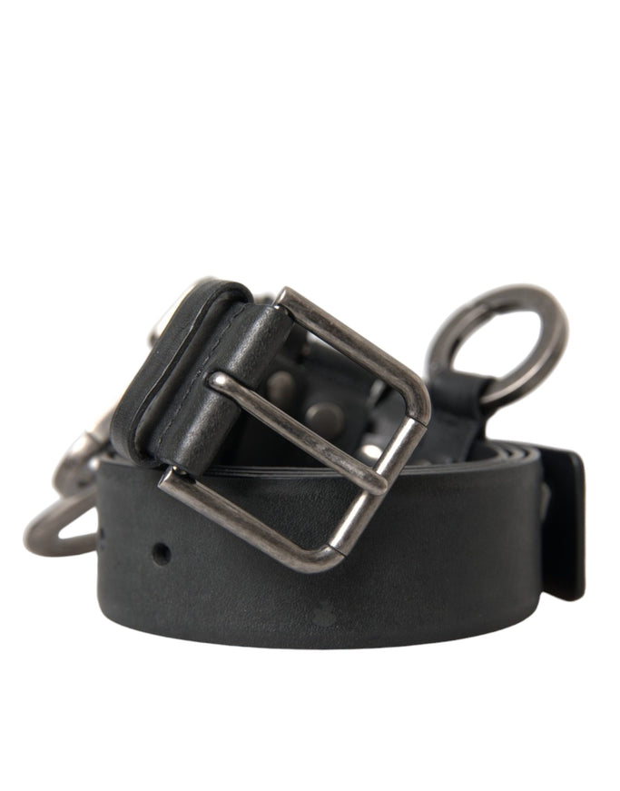 a black leather belt with a metal buckle