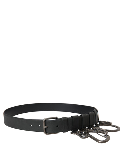 a black leather belt with metal buckles