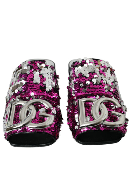 a pair of pink and silver sequinized shoes