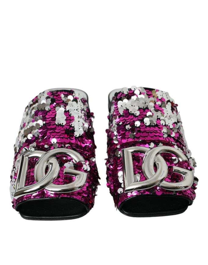 a pair of pink and silver sequinized shoes