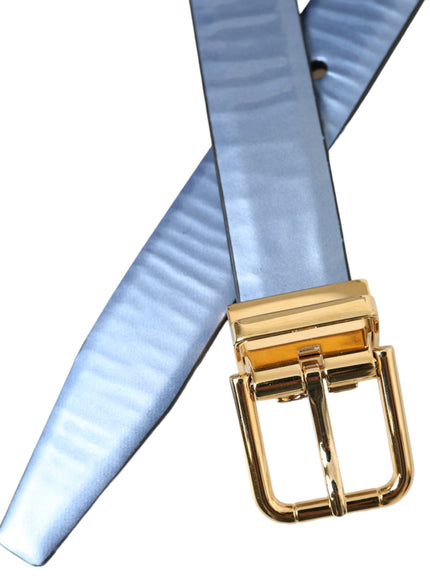 a blue belt with a gold buckle on it