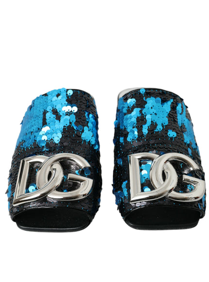 a pair of blue and black sequinized slippers