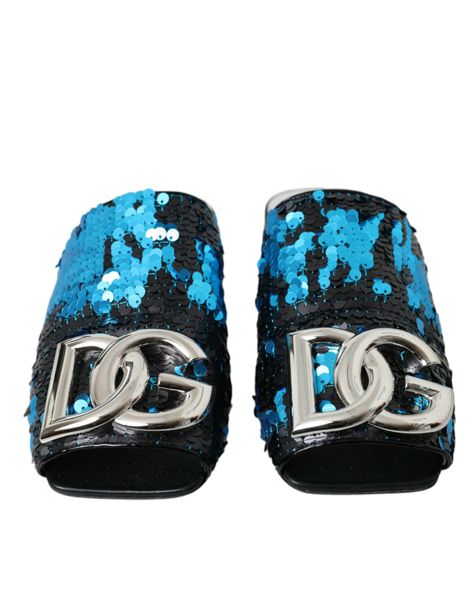 a pair of blue and black sequinized slippers