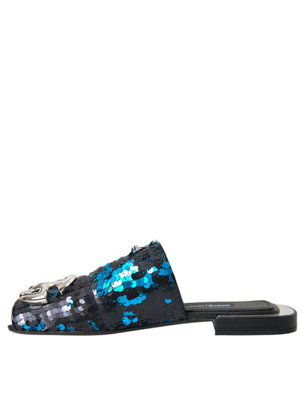 a pair of blue and black sequinized slides