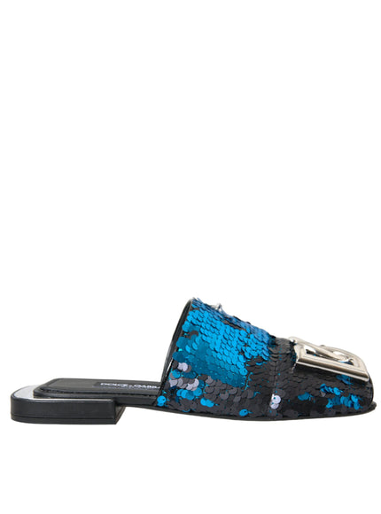 a women's blue and black slipper with sequins