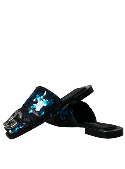 a pair of black and blue sequinized slippers