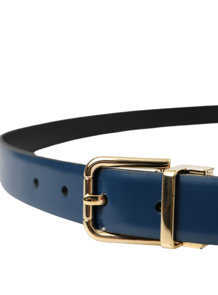 a blue belt with gold buckles on a white background