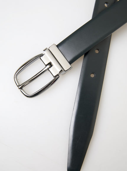 a black leather belt with a silver buckle