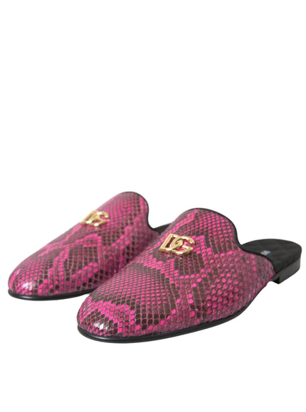 a pair of pink snakeskinned slippers