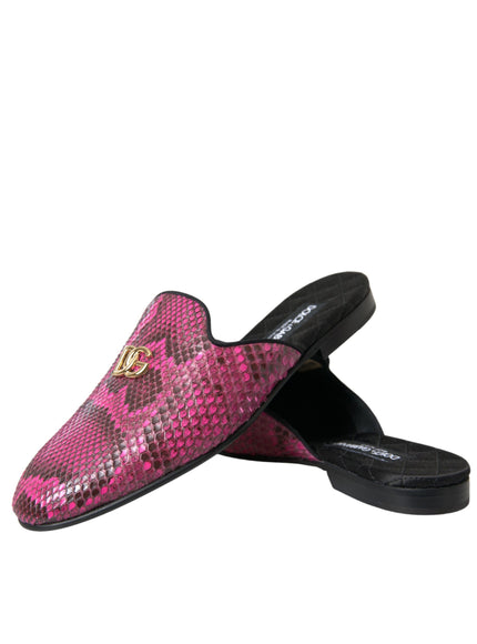 a pair of pink snakeskinned slippers