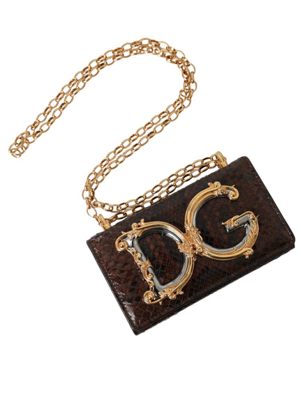 a brown and gold purse with a chain