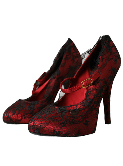 a pair of red high heels with black lace