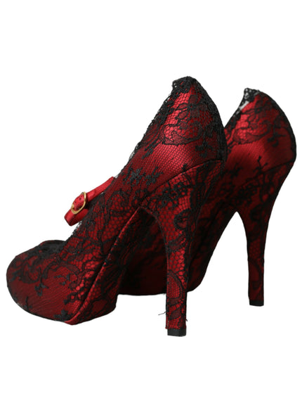 a pair of red high heels with black lace