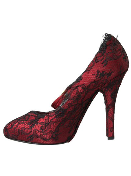 a pair of red and black lace high heels