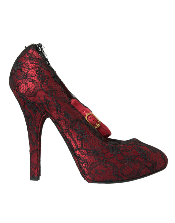 a pair of red high heels with black lace