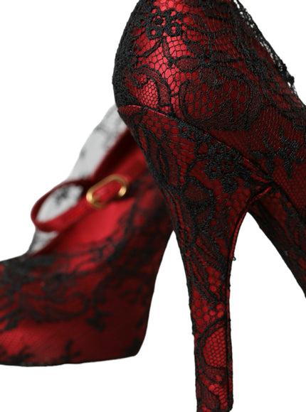 a pair of red and black lace high heels