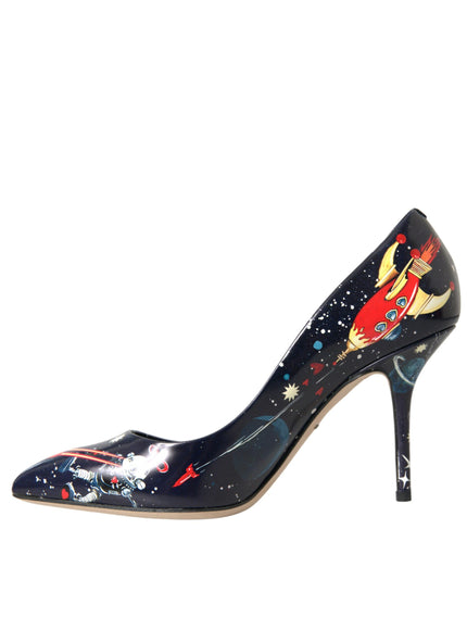 a women's high heeled shoe with a rocket ship painted on it