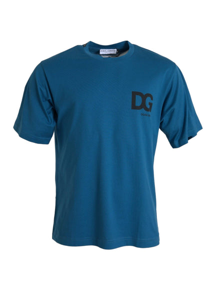 a blue t - shirt with a black logo on the chest