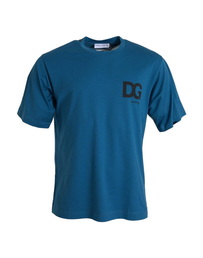 a blue t - shirt with a black logo on the chest